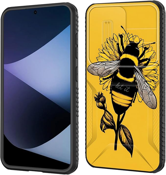 for Galaxy S24 FE Case Built in Slide Camera Lens Cover,Heavy Duty Shockproof Protection Dual Layer Case for Samsung Galaxy S24 FE 5G 6.7" 2024,Honeybee Flower