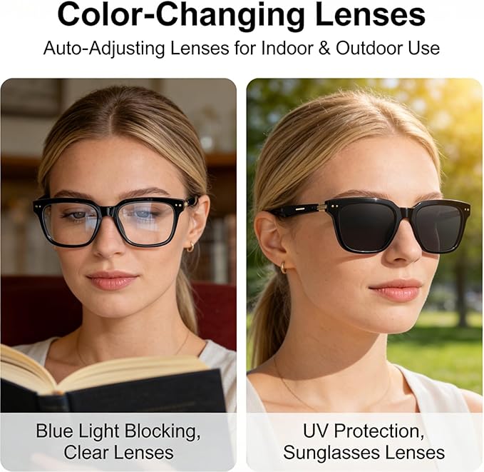 AI Smart Glasses for Men and Women – Powered by ChatGPT, Bluetooth Translation Glasses with 164 Languages, Photochromic Lens, Music Playback/Hands-Free Calling, UV/Blue Light Protection Black