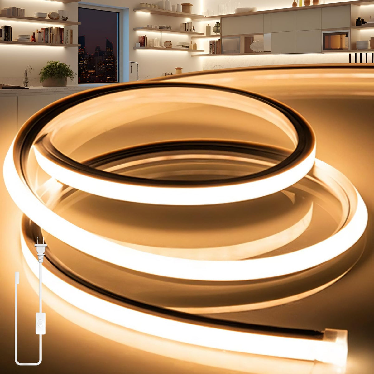 LED Strip Lights Warm White 3000K,32.8ft 110-120V Neon Rope Lights,Flexible Silicone Outdoor Waterproof Neon Strip Lights for Bedroom,Mirror,Kitchen Cabinet, Living Room,Halloween Decor