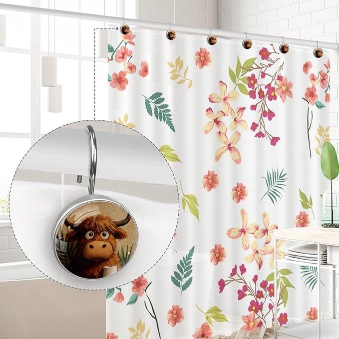 12 Packs Retro Cute Highland Cow Shower Curtain Hooks, Stainless Steel Glass Shower Curtain Rings for Bathroom Decor, Metal Rustproof Curtain Rod Hooks