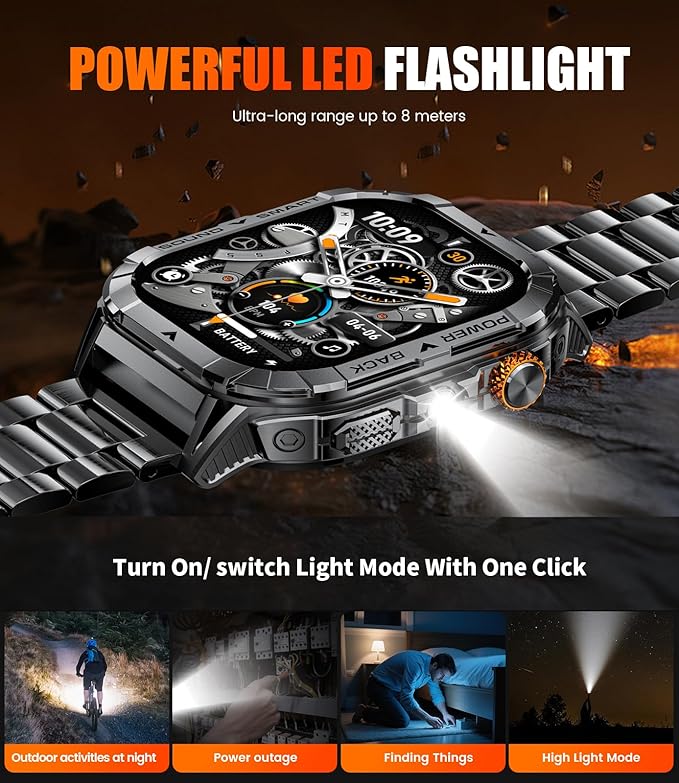 SUNKTA EF17 Mens Smart Watch with LED Flashlight, 2.13'' Amoled HD Display Fitness Tracker Watch, Pedometer/100+ Sport Modes/Sleep/5ATM Waterproof Smartwatch, Compatible iOS Android Smart Watches