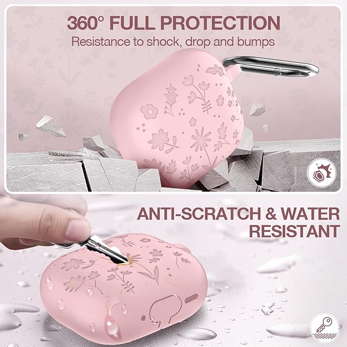 Compatible with AirPods 4th Generation Case Cover with Cleaner Kit, Flower Engraved Silicone Shockproof Protective Skin Cover for AirPods 4 Case 2024 with Keychain, Pink