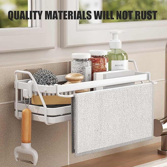 Sponge Holder Wall Mount Kitchen Sink Organizer, Dish Sponge Holder with Divider, Kitchen Sink Caddy, Sink Accessories-White