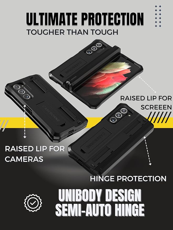 CaseBorne V Compatible with Samsung Galaxy Z Fold 5 Case - Full Body with Hinge Protection Cover, [Tempered Glass Screen Protector], Kickstand and S Pen Holder, [Recycled Materials] Black