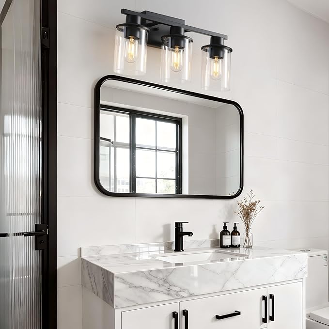 LOUSACE 3-Light Bathroom Light Fixtures, 17.3" Black Modern Vanity Lights with Clear Glass Shade, Bathroom Wall Lamp for Mirror Living Room Hallway Cabinet Porch, E26 Base