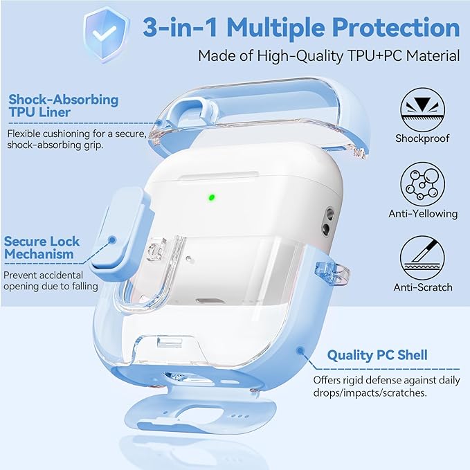 for Airpods Pro 3 Case 2025, Anti-Yellowing Clear Case for Airpods Pro 3 with Secure Lock & Phone Stand, Soft TPU Drop Protection Cover with Cleaning Kit (Blue)