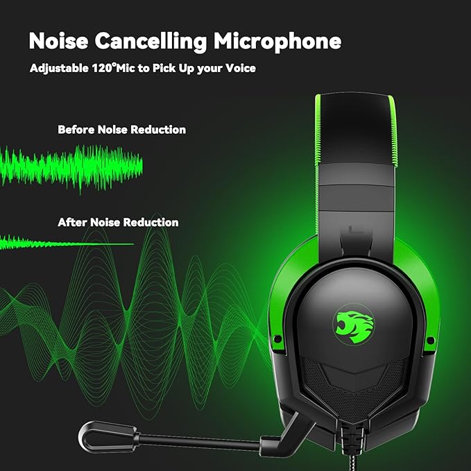 A88 Gaming Headset with Microphone, Stereo Wired Noise Cancelling Over-Ear Headphones with Mic for Pc, Ps5, Xbox One Series X/s, Ps4, Computer, Laptop, Mac, Nintendo, Gamer (Green)