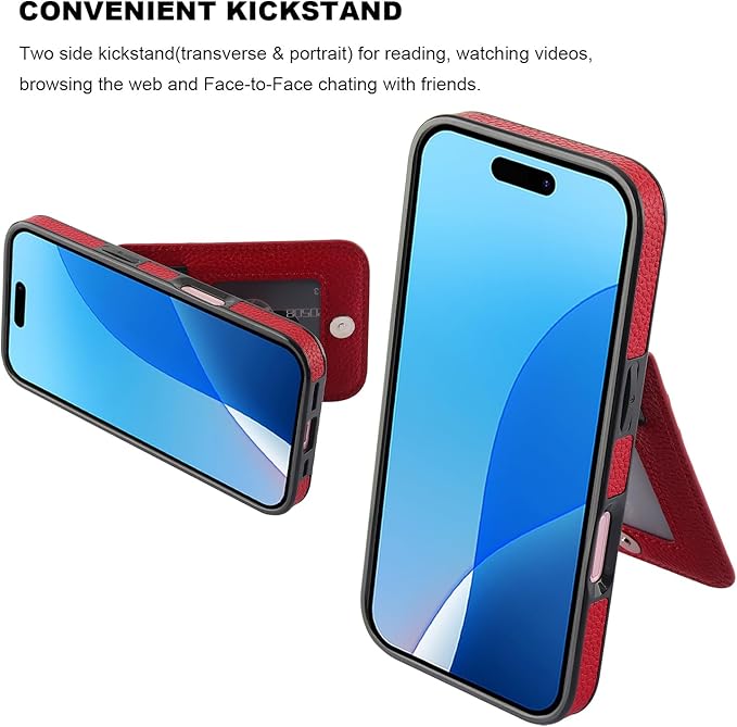 KIHUWEY Compatible with iPhone 16 Case Wallet with Credit Card Holder, Flip Premium Leather Magnetic Clasp Kickstand Heavy Duty Protective Cover for iPhone 16 6.1 Inch (Lichee Red)