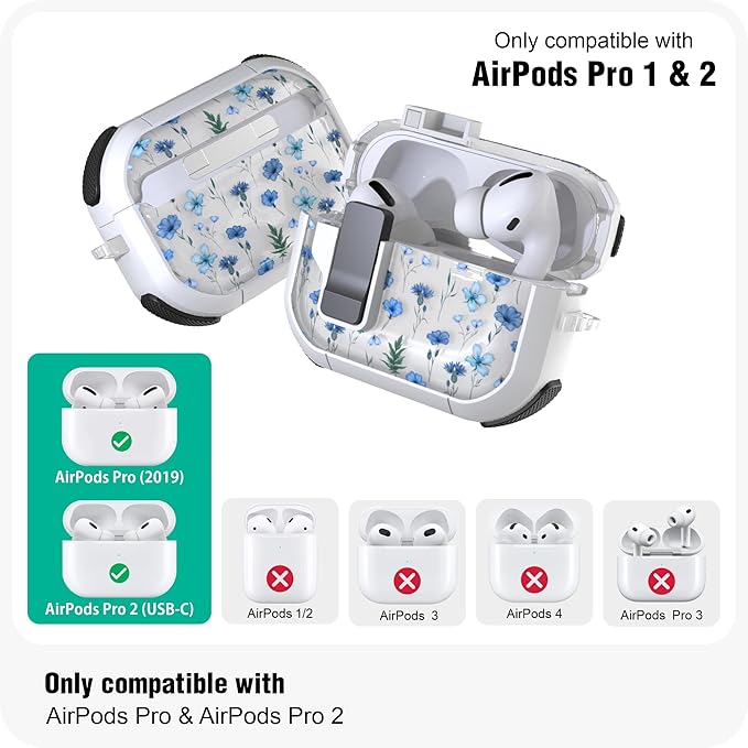 WENEW Case for AirPods Pro & Pro 2 Case Cover Secure Lock Automatic Snap Switch Clip Cleaner Kit Lanyard Women Stylish Flower Full Body Hard Shell Front LED Visible (Blue Flower, AirPods Pro & Pro 2)