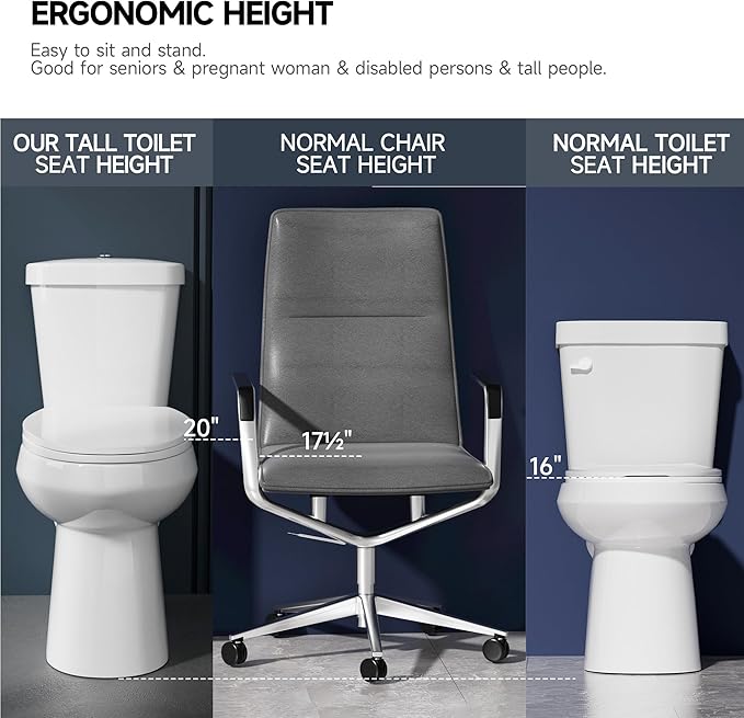 Elongated Tall Toilet 19 Inch for Bathroom 1.1/1.6 GPF Tornado Dual Flush - Two Piece Comfort ADA High Toilet for Seniors, 19 Inch Bowl Height 20 Inch Seat Height, 19" Rough In, White