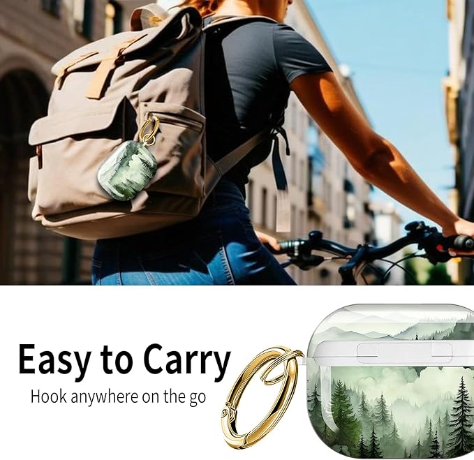 Cute Hard Case Compatible with AirPods Pro 3rd Generation Case (2025), Shockproof Protective Cover with Golden Keychain Ring Clip (Green Mountain)