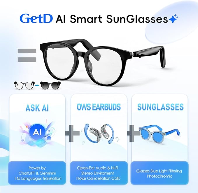 GetD AI Glasses for Men & Women, Smart Glasses Powered by ChatGPT with 145-Language Translation,Bluetooth 5.4 Glasses, Polarized & Photochromic Lenses, 11H Music Play for Driving and Daily Use