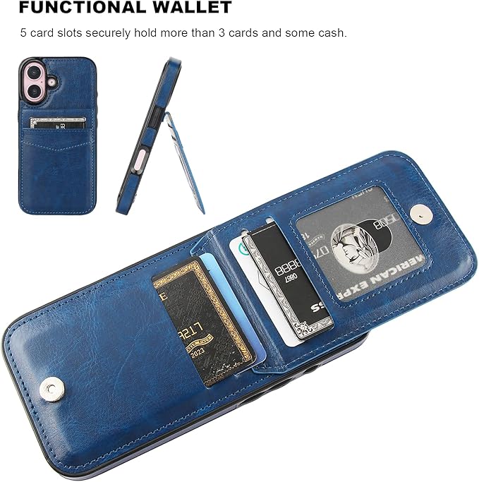 KIHUWEY Compatible with iPhone 16 Case Wallet with Credit Card Holder, Flip Premium Leather Magnetic Clasp Kickstand Heavy Duty Protective Cover for iPhone 16 6.1 Inch (Blue)