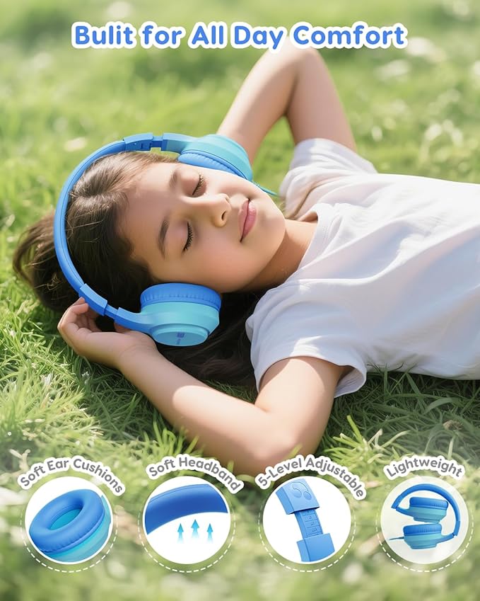 USB-C Kids Headphones, 74/85/94dB Volume Limiter, Foldable Wired Over Ear Headphones for Travel, Toddler Headphones for School, Travel, iPad, Tablet, Blue Gradient