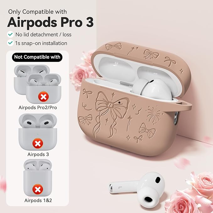 for Airpods Pro 3 Case Cover, Joremx Cute Bow Engraved Silicone Protective Case Cover with Keychain, Cleaner Kit for Airpods Pro 3rd Generation (2025) (Light Brown)