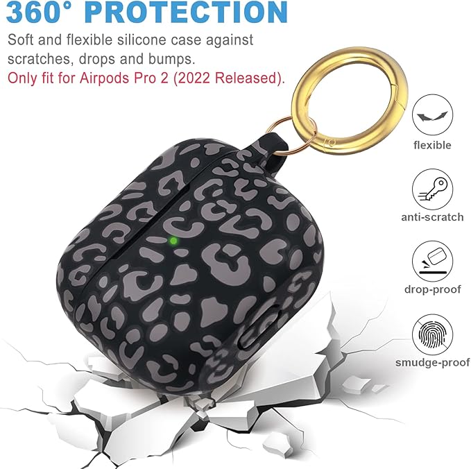 Leopard Silicone Compatible with AirPods Pro 2 Case 2022/2023, Gawnock Soft Case Compatible with AirPods Pro 2nd Generation Print Women Girls with Keychain - Gray Leopard/Cheetah