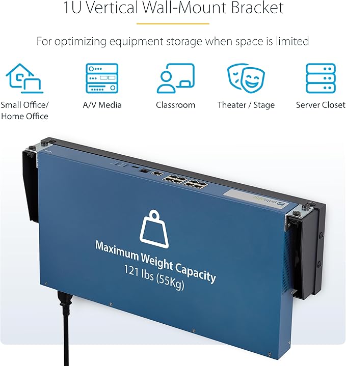 StarTech.com 1U Vertical Wall-Mount Bracket for 19Inch Rack Mountable Equipment, 121lb/55kg Capacity, for Patch Panels/Servers