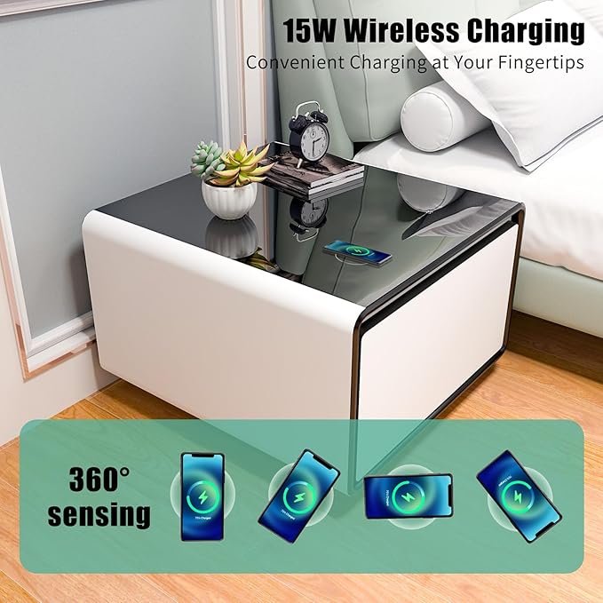 Smart Side Table with Fridge, Smart Nightstand with Refrigerator, Induction Light, Temperature Control, Wireless Charging, Power Socket, USB Ports, Outlet Protection (White, LT65 Pro)