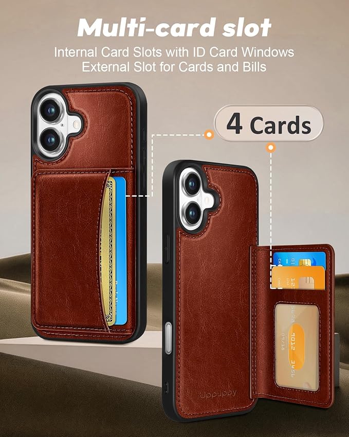 for iPhone 16 Wallet Case - Fits 4 Card Slots, Compatible with MagSafe for Women Aesthetic Durable PU Leather Credit Card Holder Kickstand Phone Cover for Apple 16, Brown