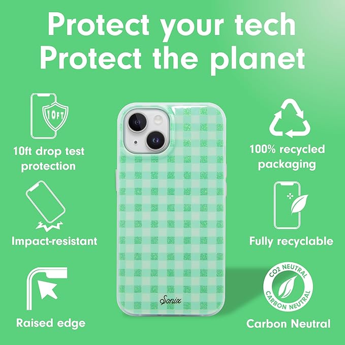 Sonix Case for iPhone 15 Plus, iPhone 14 Plus | Compatible with MagSafe | 10ft Drop Tested | Minty Gingham