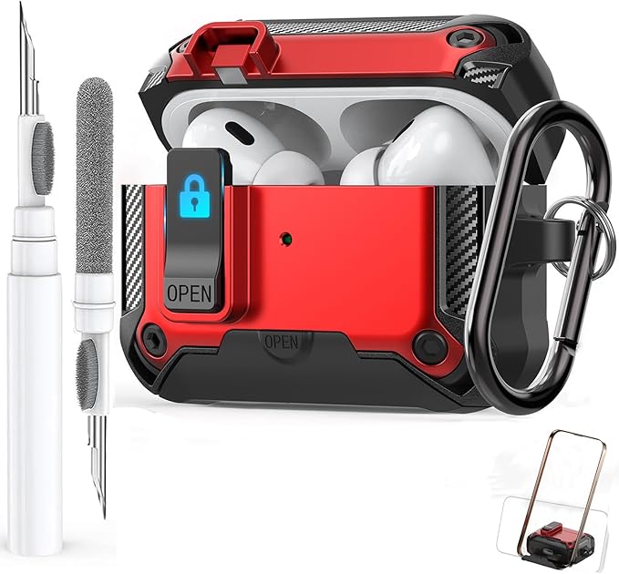 for Airpods Pro 2/1 Gen Case Cover with Lock&Phone Stand (2019/2022/2023), Rugged Case for Airpod Pro 2nd/1st Generation Shockproof Armor Protective Skin for Apple iPod Pro, Black/Red