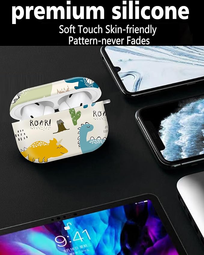 Cute Hard Case Compatible with AirPods Pro 2nd/1st Generation, Protective Cover with Golden Keychain, Fits 2023/2022/2019 Models, for Women, Girls, and Men(Cute Dinosaur