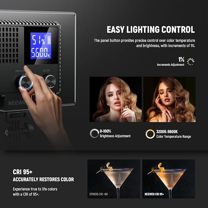 NEEWER Basics 9" LED Video Light Panel, 3200-5600K Edge Lit Dimmable Camera Soft Key Lighting, CRI95+ 800Lux 4000mAh Rechargeable for Video Recording Streaming Selfie Vlog Studio Photography, NL-120B