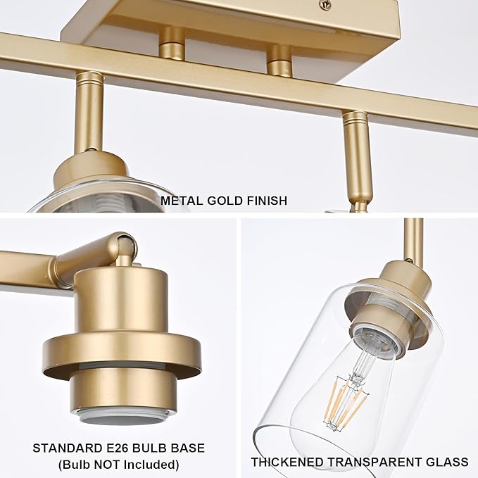 6-Light Track Lighting Kits Gold, Multi-Directional Rotating Kitchen Tracking Light Heads with Clear Glass, Modern Track Lighting Fixture Ceiling Vanity Lights for Bathroom Island Accent Shop