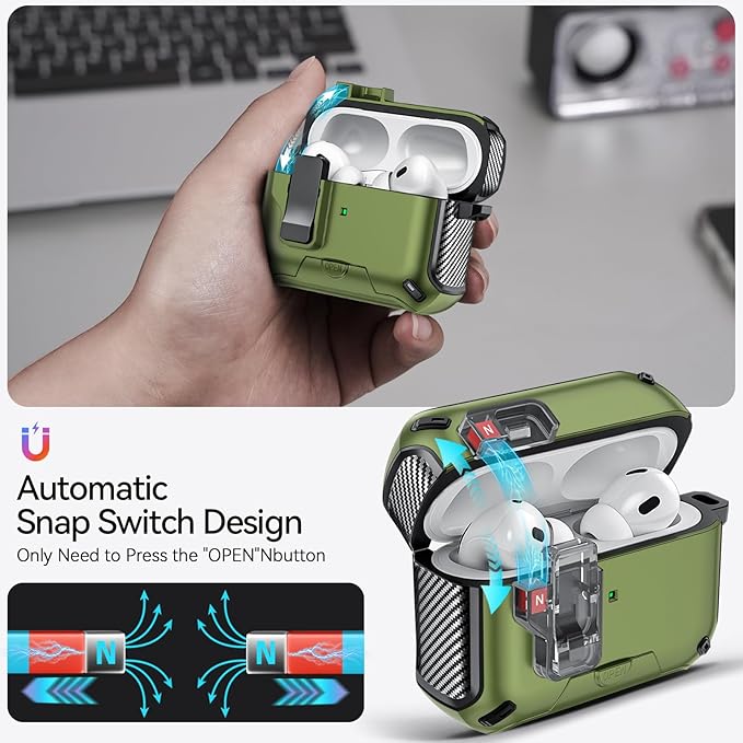 for AirPods Pro 2nd/1st Case (2023/2022/2019) with Phone Stand,（with Automatic Snap Switch） Carbon Fiber Design Protection Cover with Cleaning Pen,Dark Green