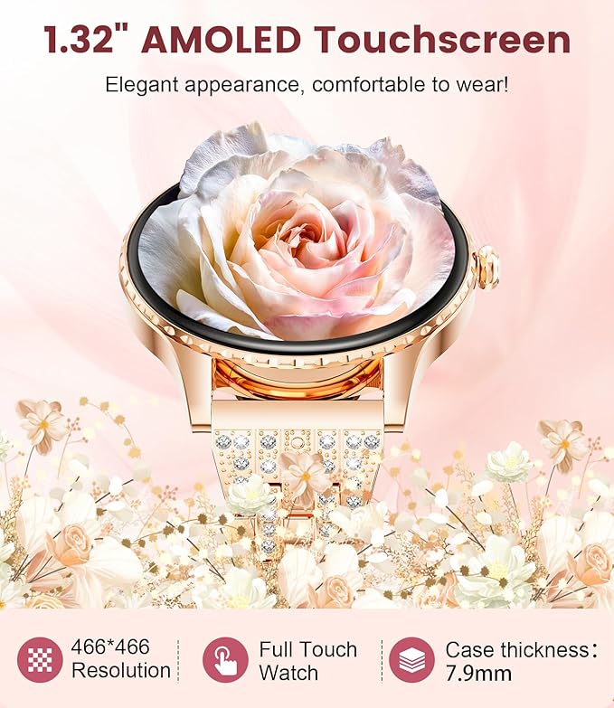 Smart Watches for Women with 1.32" AMOLED Display, Bluetooth Calling, 121 Sports Modes, Heart Rate & Sleep Monitor, Fitness Tracker, IP68 Waterproof, 2 Bands, Compatible with Android iOS