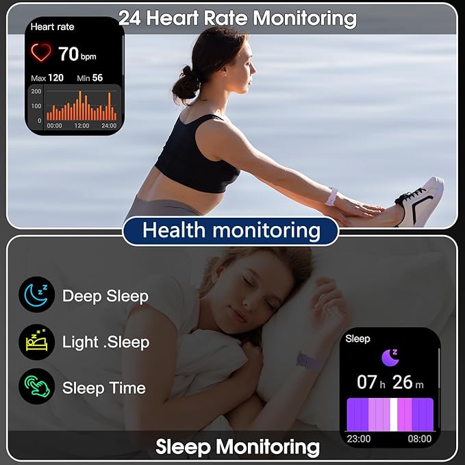 Smart Watches for Men Women, 1.95" HD Touchscreen Fitness Tracker with Bluetooth Calls, IP68 Waterproof, 120+ Sport Modes, 7-Day Battery, 24/7 Heart Rate & Sleep Monitor for Android iOS (Purple)