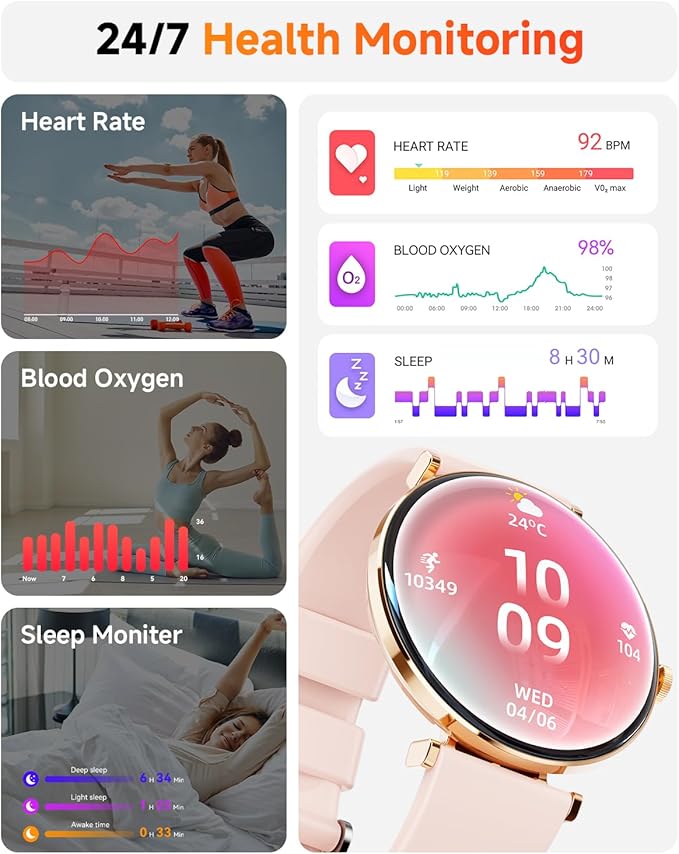 Hwagol Smart Watches for Women with Android iPhone Compatible[Calls/Metal Thin Body],1.43" Micro-Spherical AMOLED Screen,Fitness Watch with Sleep/Heart Rate Monitor,Pedometer for Steps Miles