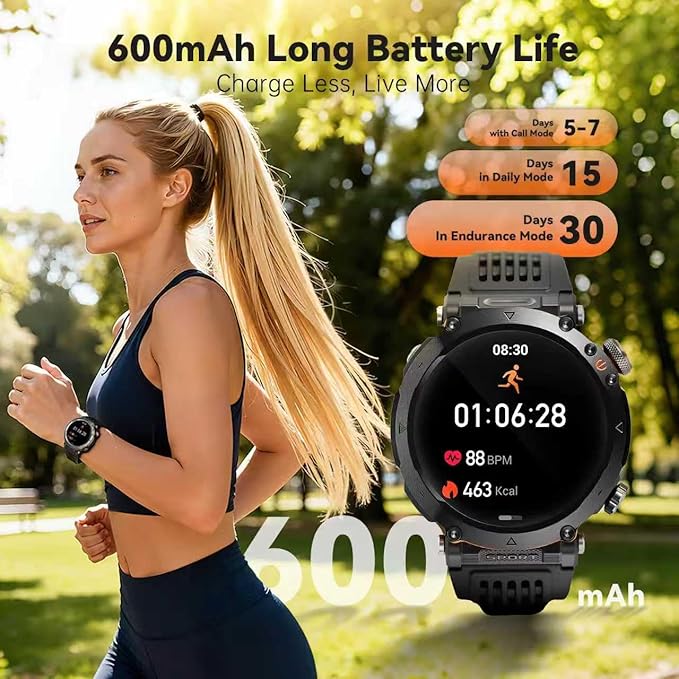 Military Smart Watches for Men, 1.7" Hd Fitness Tracker Ith Multiple Sports Modes, 600mah Battery for Android iOS, Ip68 Waterproof/Spo2 Monitor/Flashlight/Message Alerts
