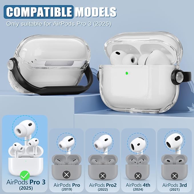 for Airpods Pro 3 Case,Safety Lock Cases for Apple Airpod Pro 3 (2025) with Phone Stand & Cleaner Kit,Drop Protection Air pods Pro3 Case Cover for Men Women with Keychain,Clear+Black