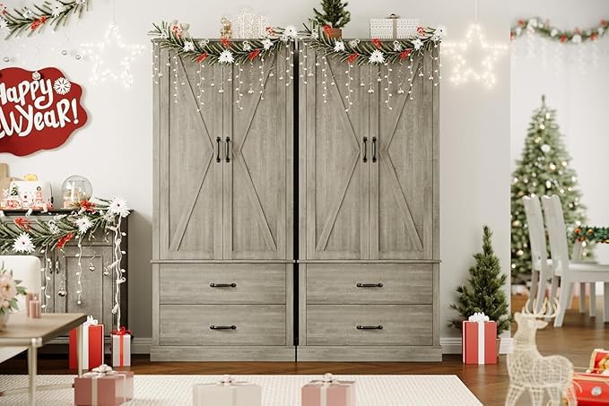IDEALHOUSE Kitchen Pantry Storage Cabinet with Barn Doors, Drawer, and 2 Adjustable Shelves, Freestanding Tall Hutch with Microwave Stand for Kitchen, Dining Room, Rustic Gray
