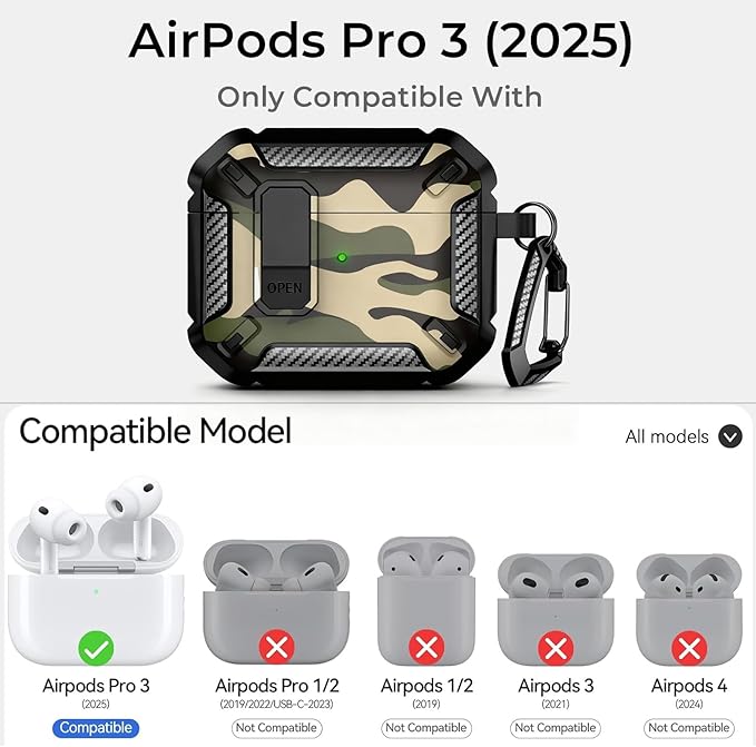 for AirPods Pro 3 Case, Secure Lock Cases Cover with Carabiner Compatible with Airpods Pro 3rd Generation Case, Full Body Shockproof Protective AirPod Case for Men Women(Camouflage Green)