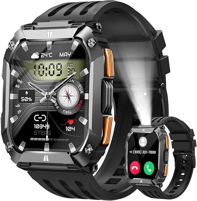 Smart Watches for Men, 1.95'' Fitness Watch: Waterproof Military Smart Watch with 100 Days Battery Life/Call/Flashlight/Sleep/SpO2/Heart Rate Monitor/Step Tracker, Sport Smartwatch for Android iPhone