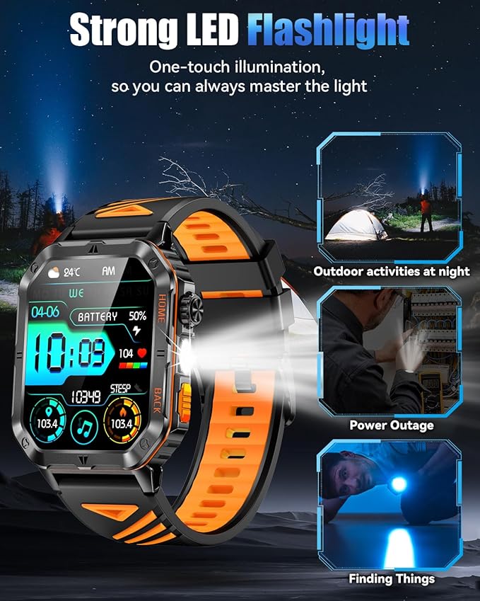 Military Smarty Watch for Men, 2.01" Smartwatch with 1200mAh Battery, Flashlight, Answer/Make Calls, Heart Rate/Sleep Monitor 100+ Sport Modes Fitness Tracker for Android/iPhone