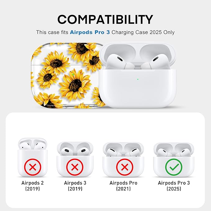 Maxjoy for AirPods Pro 3rd Generation Case, Clear Flower AirPods Pro 3 Case for Women Girly Cute Soft AirPod Pro 3 Cover with Keychain Strap for AirPod Pro 3rd Gen Cover 2025, Sunflower