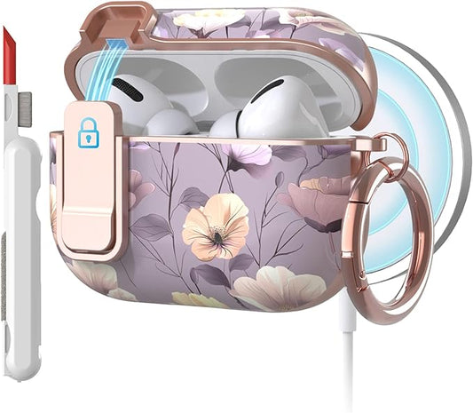 TATOFY for AirPods Pro 2nd Generation Case with Lock Carabiner Cleaner, Slim AirPod Pro 1st & 2nd Hard Case Cover, Compatible with MagSafe (Purple)