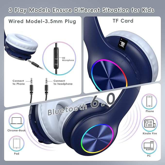Kids Bluetooth 6.0 Headphones with LED Light, 85Hours Playtimes, Type-C Fast Charging, 85/94dB Volume Limited, Comfort Wireless Headphones with Built-in Mic, Wired & TF Card Mode, Navy Blue
