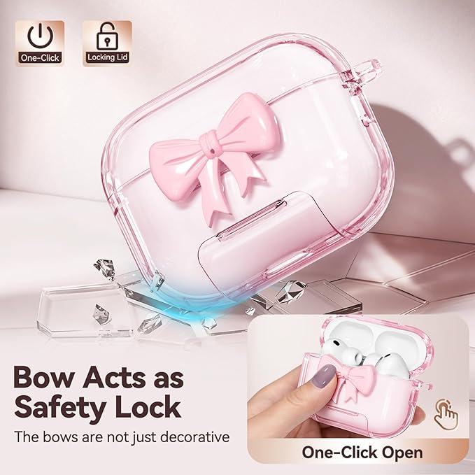 for AirPods Pro 3 Case 2025, with Safety Lock & Phone Stand for AirPods Pro 3 Generation Case Cover for Women Girly,Clear Pink Bow Butterfly iPods Pro 3 Case with Keychain, Pink