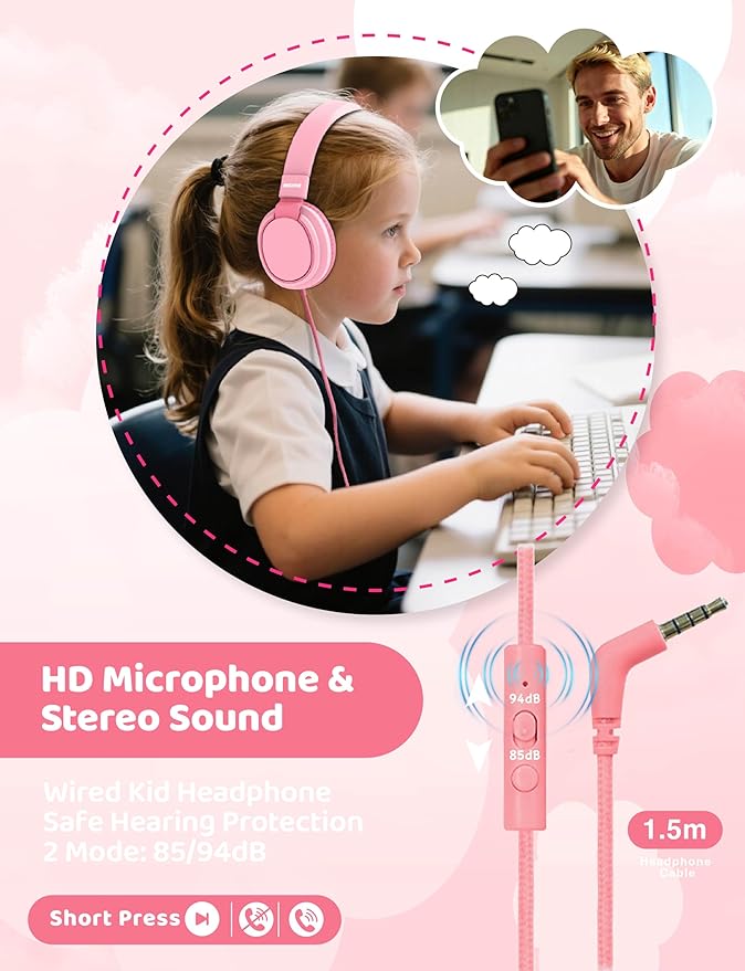 MIDOLA Kids Headphone Wired Volume Limited 85/94dB Over-Ear/On-Ear Foldable Headset with Microphone Hearing Protection Headphones for Toddler Boy Girl Child School Learning Pad Tablet Pink