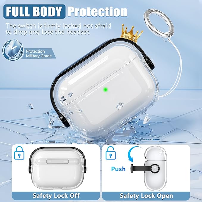 for Airpods Pro 3 Case,Safety Lock Cases for Apple Airpod Pro 3 (2025) with Phone Stand & Cleaner Kit,Drop Protection Air pods Pro3 Case Cover for Men Women with Keychain,Clear+Black