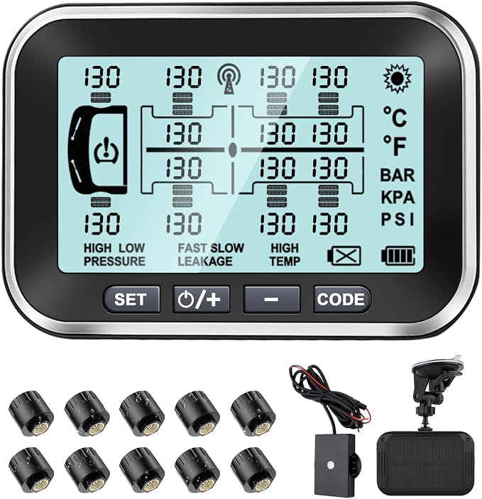 Trailer Tire Pressure Monitoring System 10 Sensors,0-188PSI RV TPMS with 4.5" Large Solar Monitor 6 Alerts, Signal Booster for Truck/Camper/Motor Homes,Long Sensing Distance