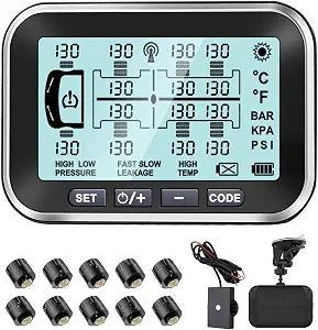 Tire Pressure Monitoring System 10 Sensors | 4.5" Solar RV TPMS with Signal Booster | Long Sensing Distance 6 Alerts Monitor for Trailer/Semi Truck/Camper | 0-188PSI (4-14 Sensors)