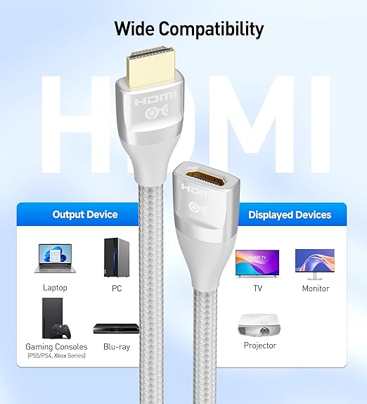Cable Matters 48Gbps Ultra HD 8K HDMI Extension Cable - 3.3ft / 1m, Supports [8K@60Hz / 4K@240Hz with HDR], HDMI Male to Female Extender Cable, Titanium Silver