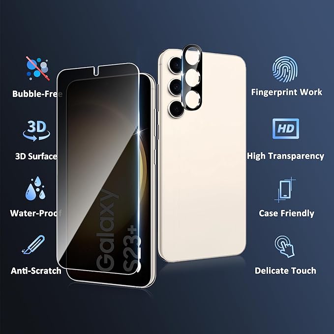2 Pack for Samsung Galaxy S23 Plus / S23+ Privacy Screen Protector, 2 Pack Camera Protector, Fingerprint Compatible, Anti Spy, 9H Hardness Glass for Galaxy S23 Plus / S23+ 5G