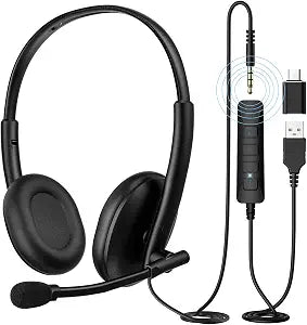 USB Headset with Noise-Canceling Microphone, USB-C/USB-A/3.5mm for PC Mac