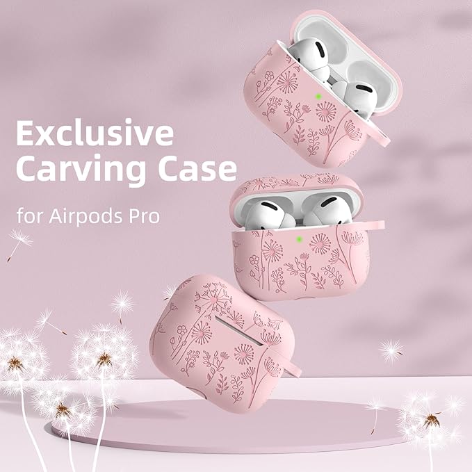 Lerobo Flower Engraved Cover for Airpods Pro Case 2nd 1st Generation Case USB C, Soft Silicone Full Protective Cover Compatible with Apple AirPod Pro/Pro 2 Case, Front LED Visible, Pink